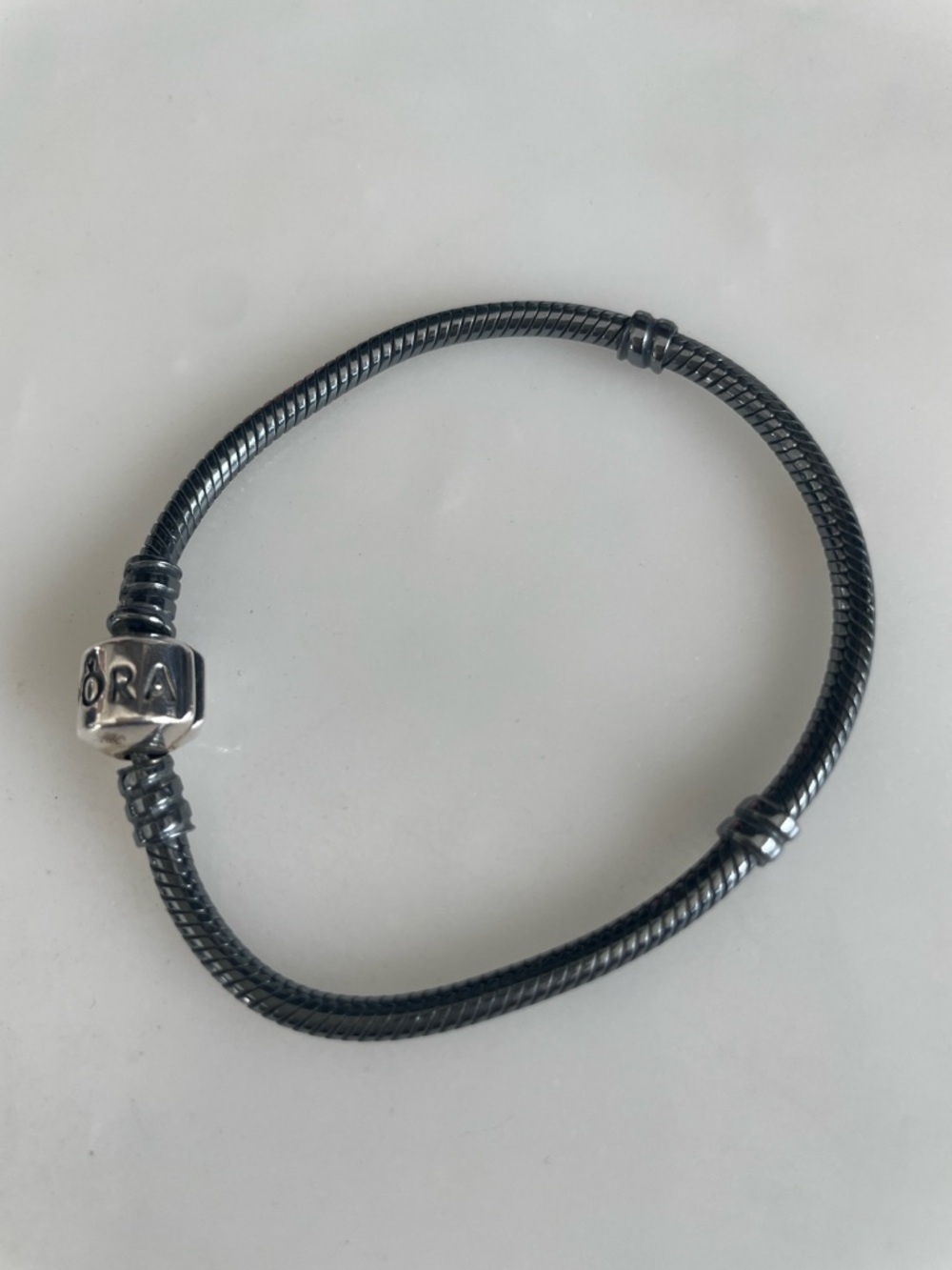 Pandora Pewter Finish Snake Chain Bracelet with Silver Logo Clasp